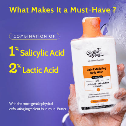 Chemist at Play Exfoliating Body Wash - Unisex Body Wash Gel with Salicylic Acid, Lactic Acid & Vitamin E - packaging (13)