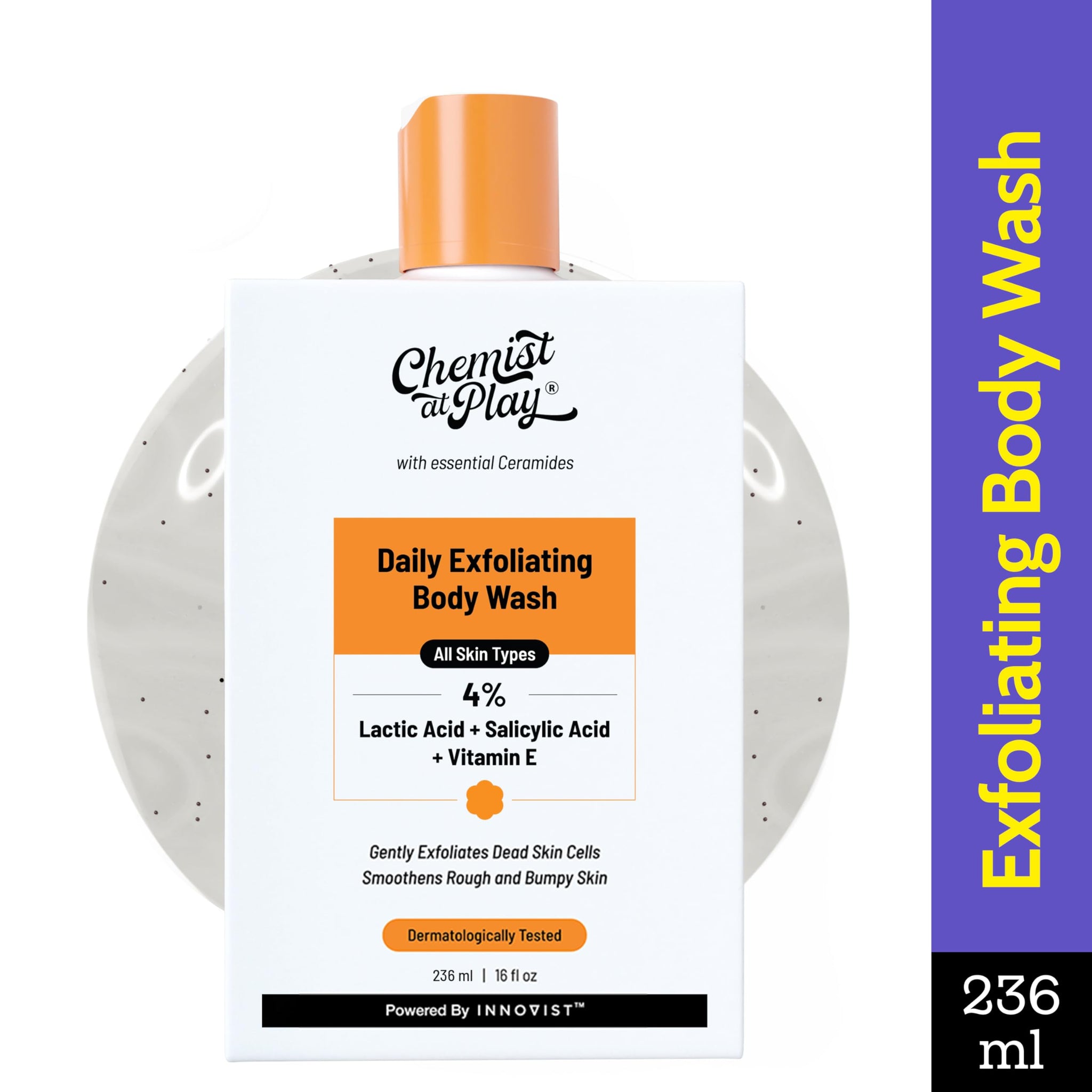 Chemist at Play Exfoliating Body Wash - Unisex Body Wash Gel with Salicylic Acid, Lactic Acid & Vitamin E - ingredients panel