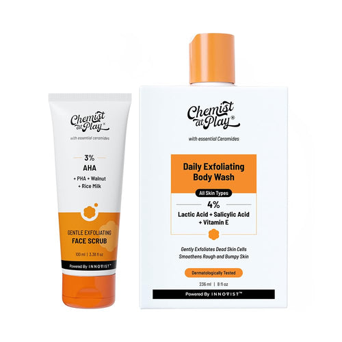 Chemist at Play Exfoliating Face Scrub & Body Wash Set, 100g-236ml, Unisex, Mandelic Acid, Lactic Acid, Salicylic Acid, Ceram