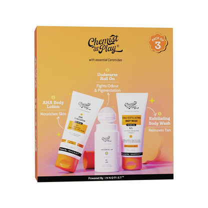 Chemist at Play Exfoliating Kit, 3-Piece Set with AHA Body Wash, Underarm Roll On, and Lotion, 140ml, Unisex