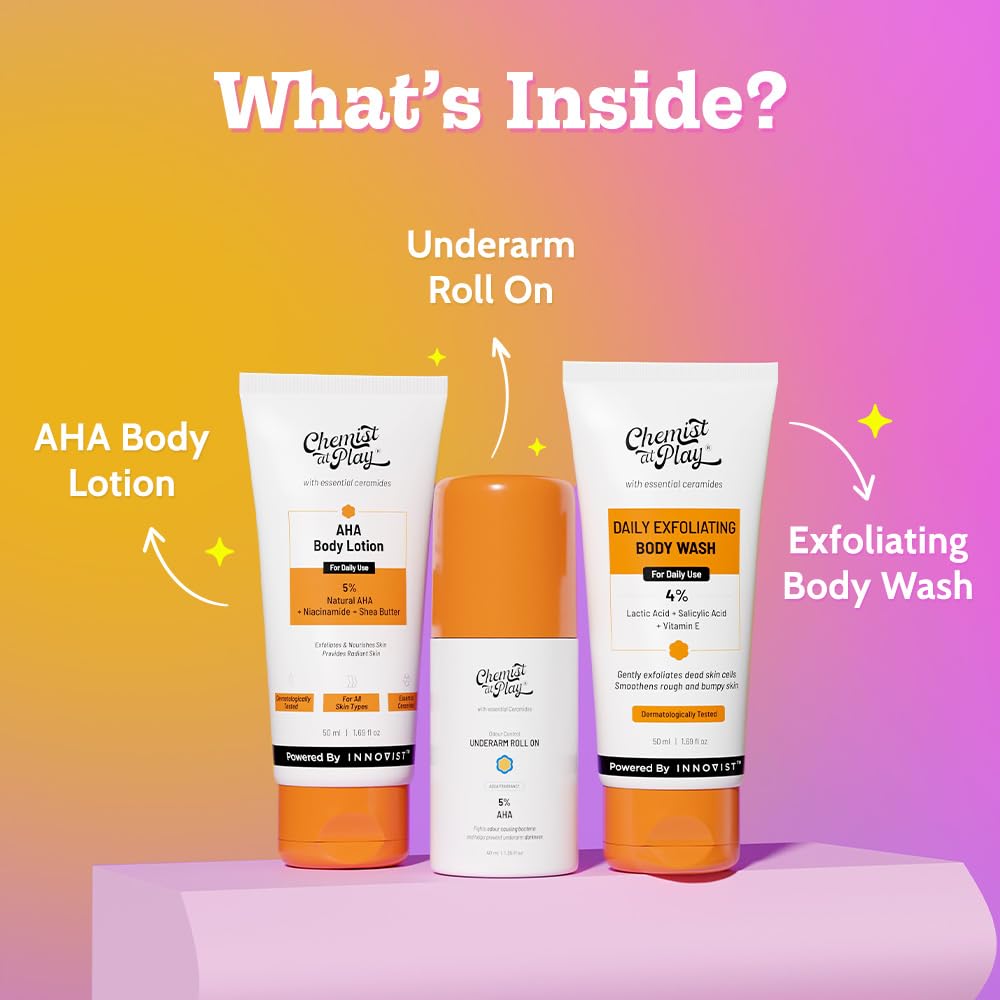 Chemist at Play Exfoliating Kit, 3-Piece Set with AHA Body Wash, Underarm Roll On, and Lotion, 140ml, Unisex - front view