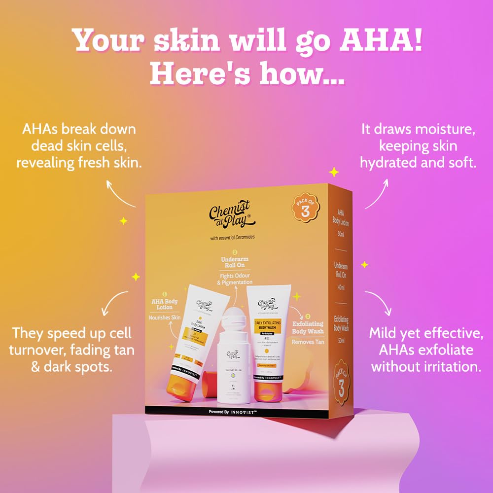 Chemist at Play Exfoliating Kit, 3-Piece Set with AHA Body Wash, Underarm Roll On, and Lotion, 140ml, Unisex - back view