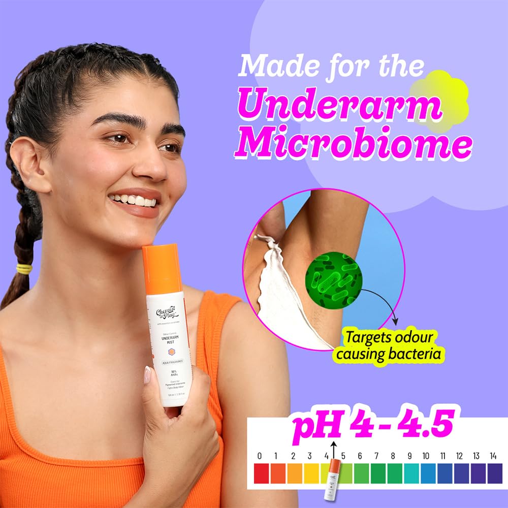 Chemist at Play Exfoliating Underarm Mist, 10% AHAs, 2% Niacinamide, 100ml, pH 4-4.5, Unisex Body Deodorant - close-up detail