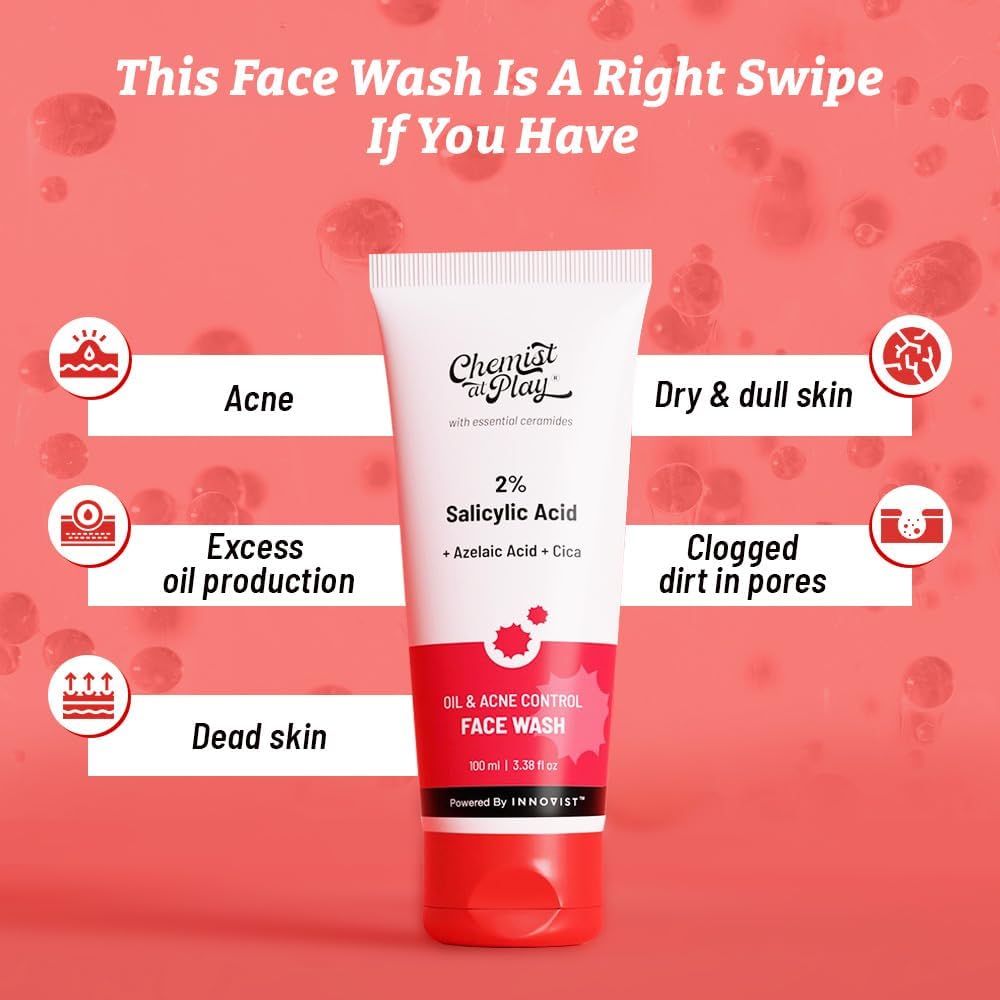Chemist at Play Face Wash & Exfoliating Scrub for Oily Skin, 2% Salicylic Acid, Niacinamide, Mandelic Acid, Walnut Shell, 100