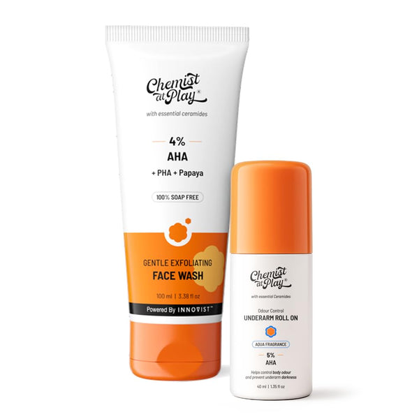 Chemist at Play Gentle Exfoliating Face Wash and Underarm Roll-On Combo with AHA, Lactic Acid and Mandelic Acid, Alcohol-Free
