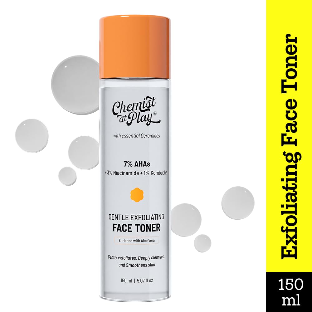 Chemist at Play Glycolic Acid Face Toner, 150ml, with 7% AHA, 3% Niacinamide & 1% Kombucha - in use