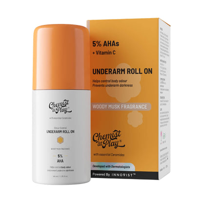 Chemist at Play UnderArm Roll On Deodorant with 5% AHA, 1% Mandelic Acid, 0% Aluminium, 0% Alcohol, 40ml - close-up detail