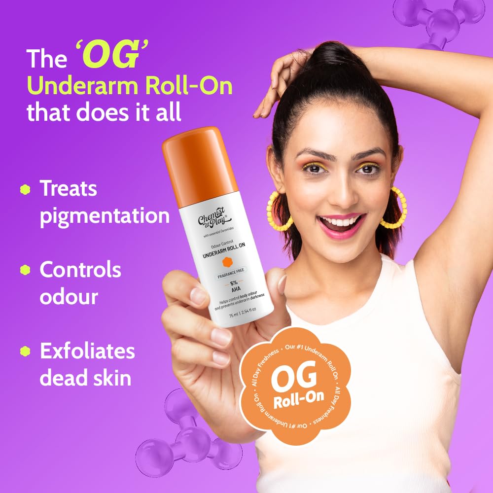 Chemist at Play Underarm Roll-On Deodorant with AHA, Lactic Acid & Mandelic Acid, Unisex - front view (28)