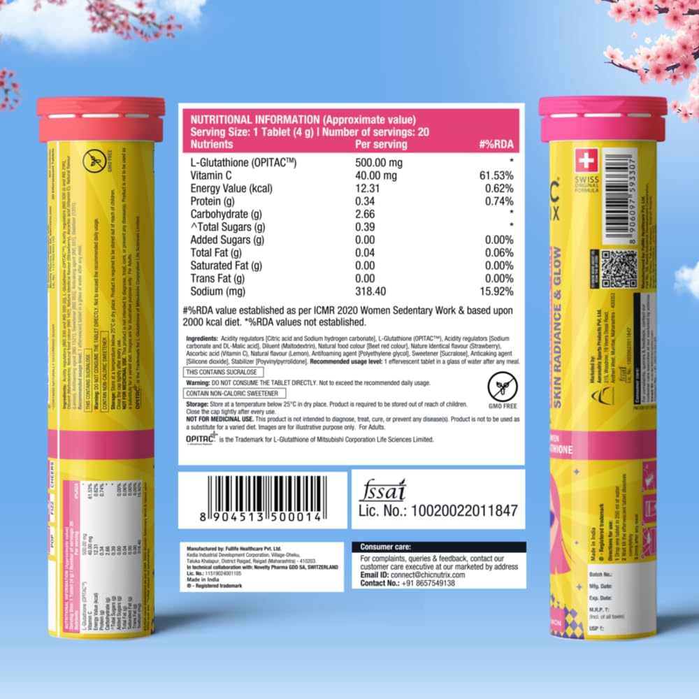 CHICNUTRIX Glutathione Effervescent Tablets with Vitamin C, 500mg Japanese Glutathione, Sugar-Free - label detail (17)