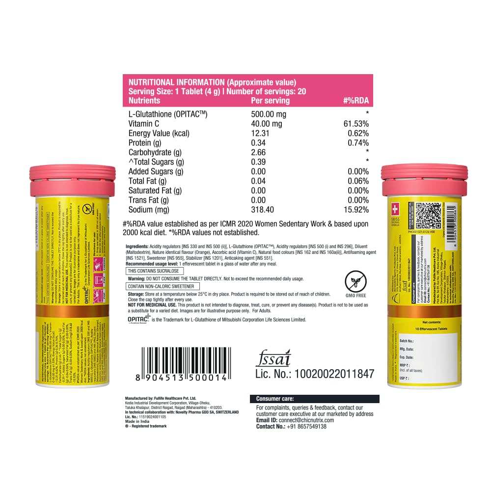 CHICNUTRIX Glutathione Effervescent Tablets with Vitamin C, 500mg Japanese Glutathione, Sugar-Free - label detail (26)