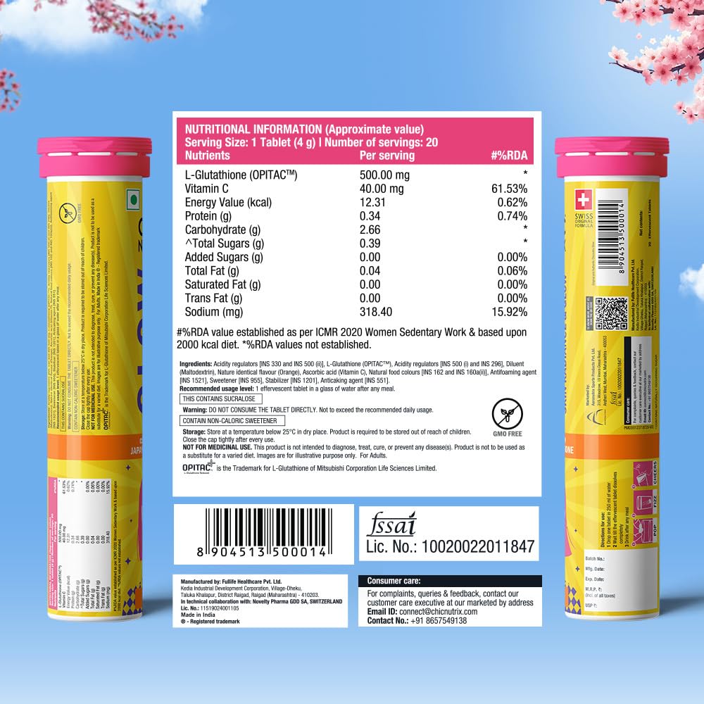 CHICNUTRIX Glutathione Effervescent Tablets with Vitamin C, 500mg Japanese Glutathione, Sugar-Free - label detail (31)