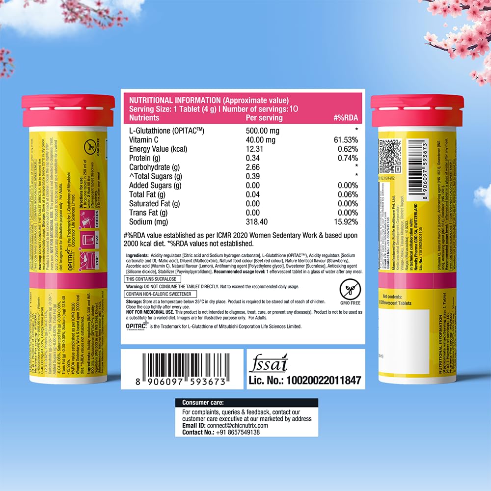 CHICNUTRIX Glutathione Effervescent Tablets with Vitamin C, 500mg Japanese Glutathione, Sugar-Free - label detail (35)