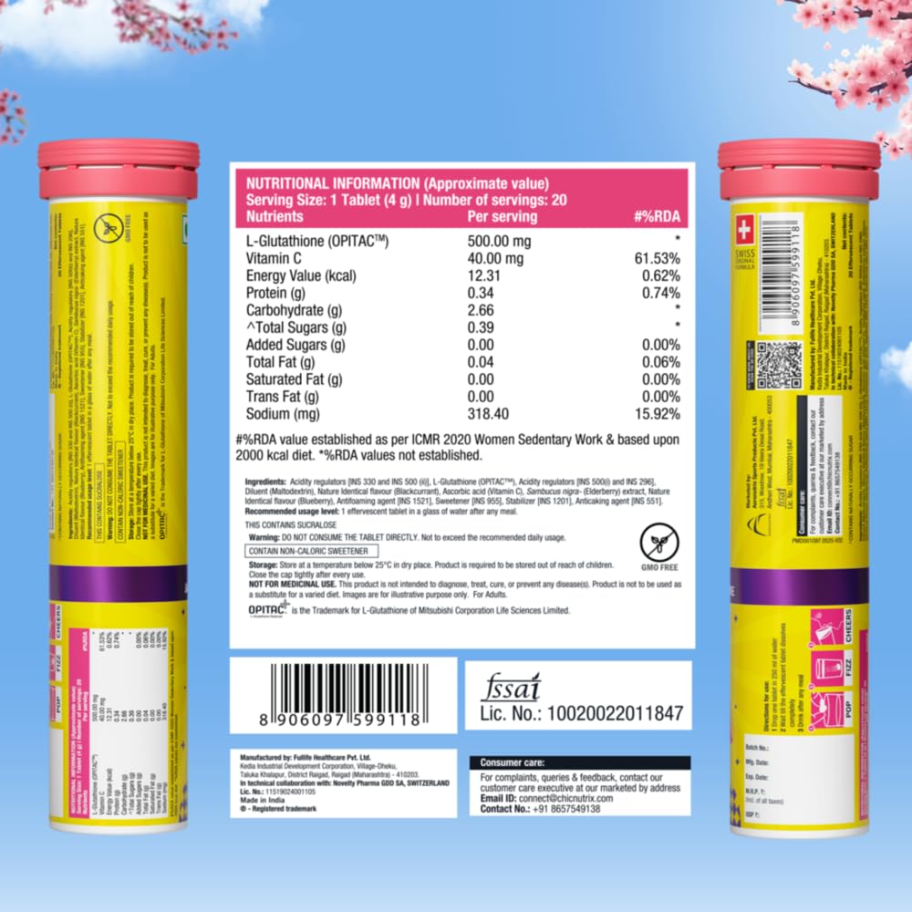 CHICNUTRIX Glutathione Effervescent Tablets with Vitamin C, 500mg Japanese Glutathione, Sugar-Free - label detail
