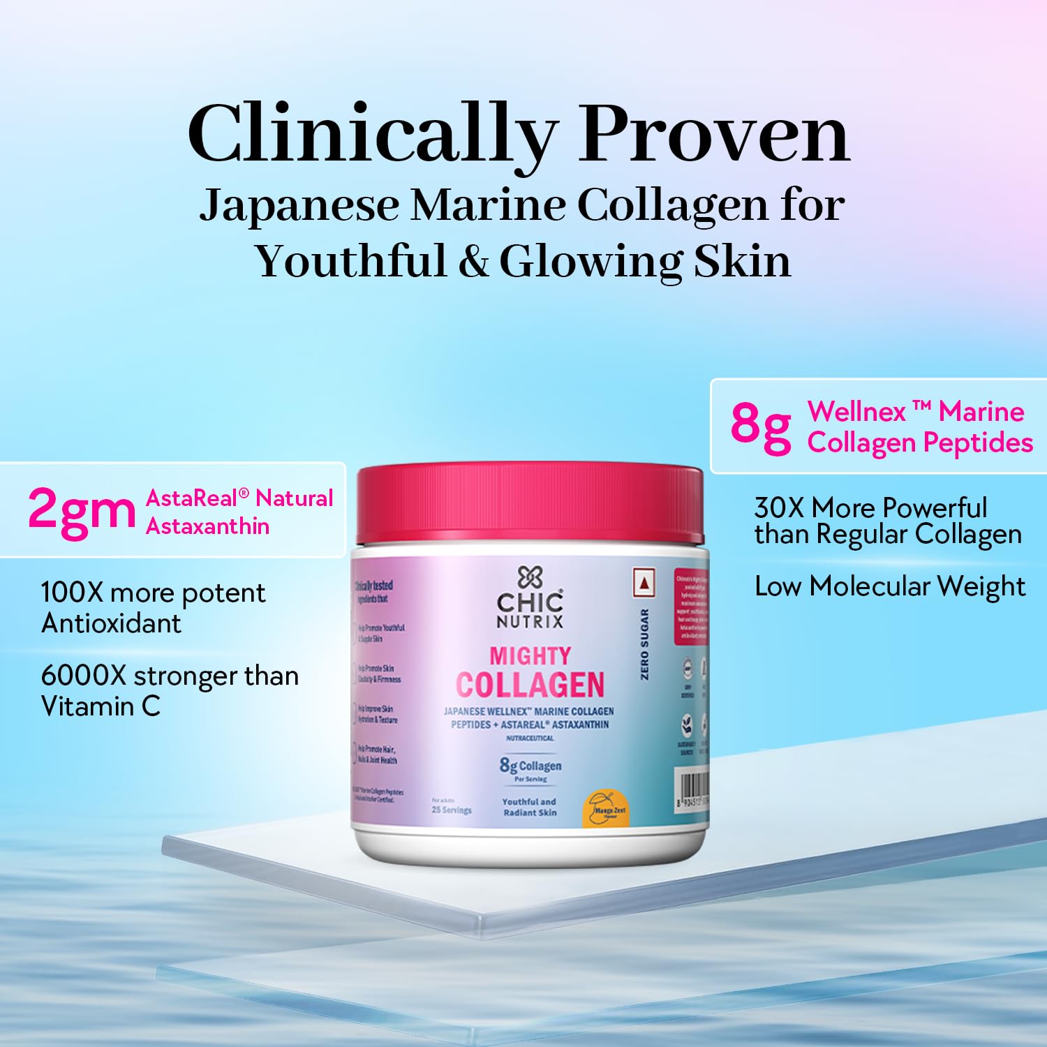 CHICNUTRIX Marine Collagen Peptides Powder, 8000mg Japanese Marine Collagen, 30 Servings, Halal & Kosher Certified - front vi