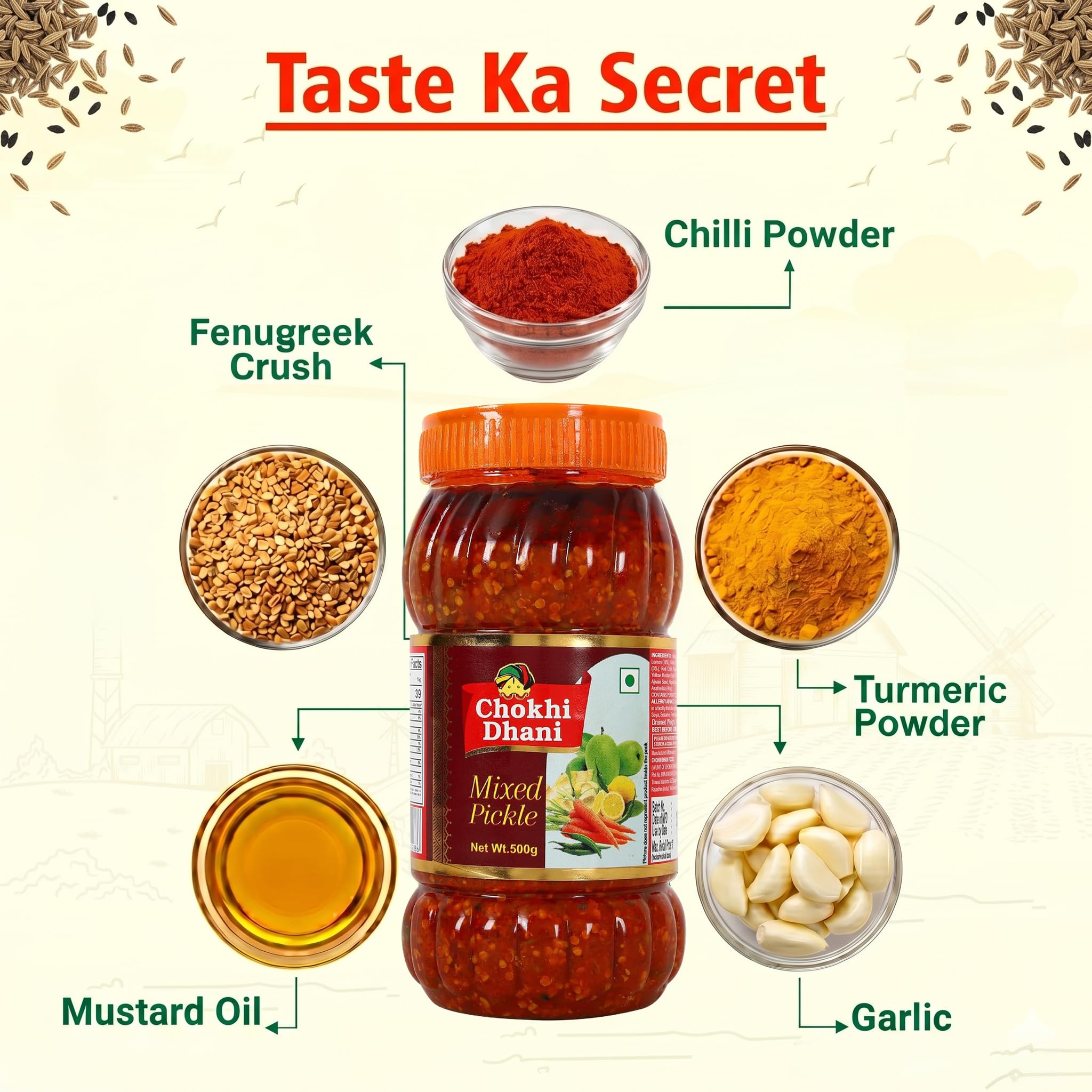 Chokhi Dhani Garlic Pickle, 200g, Indian Lehsun Ka Achar, Mustard Oil Based Pickle - ingredients panel (34)