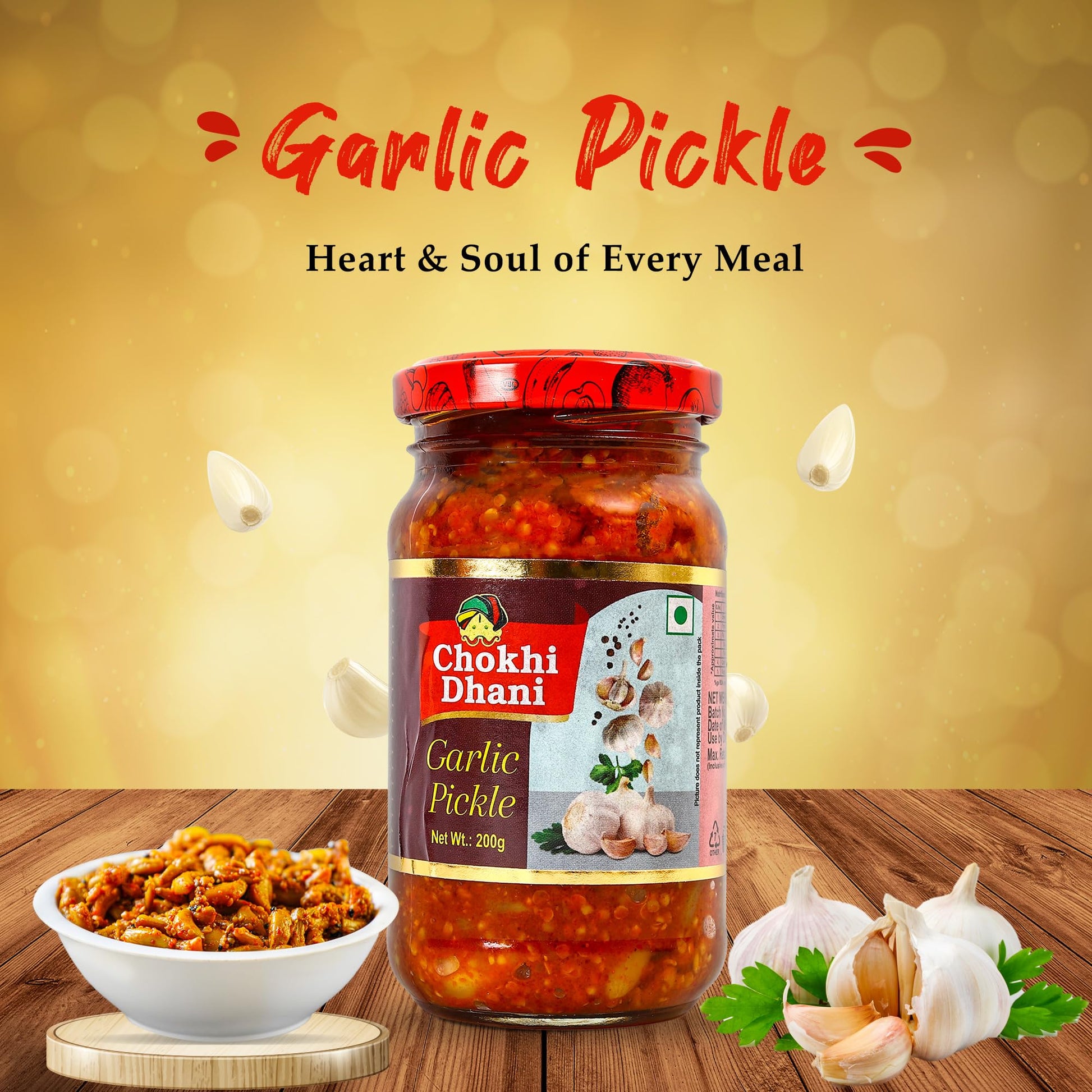 Chokhi Dhani Garlic Pickle, 200g, Indian Lehsun Ka Achar, Mustard Oil Based Pickle - packaging