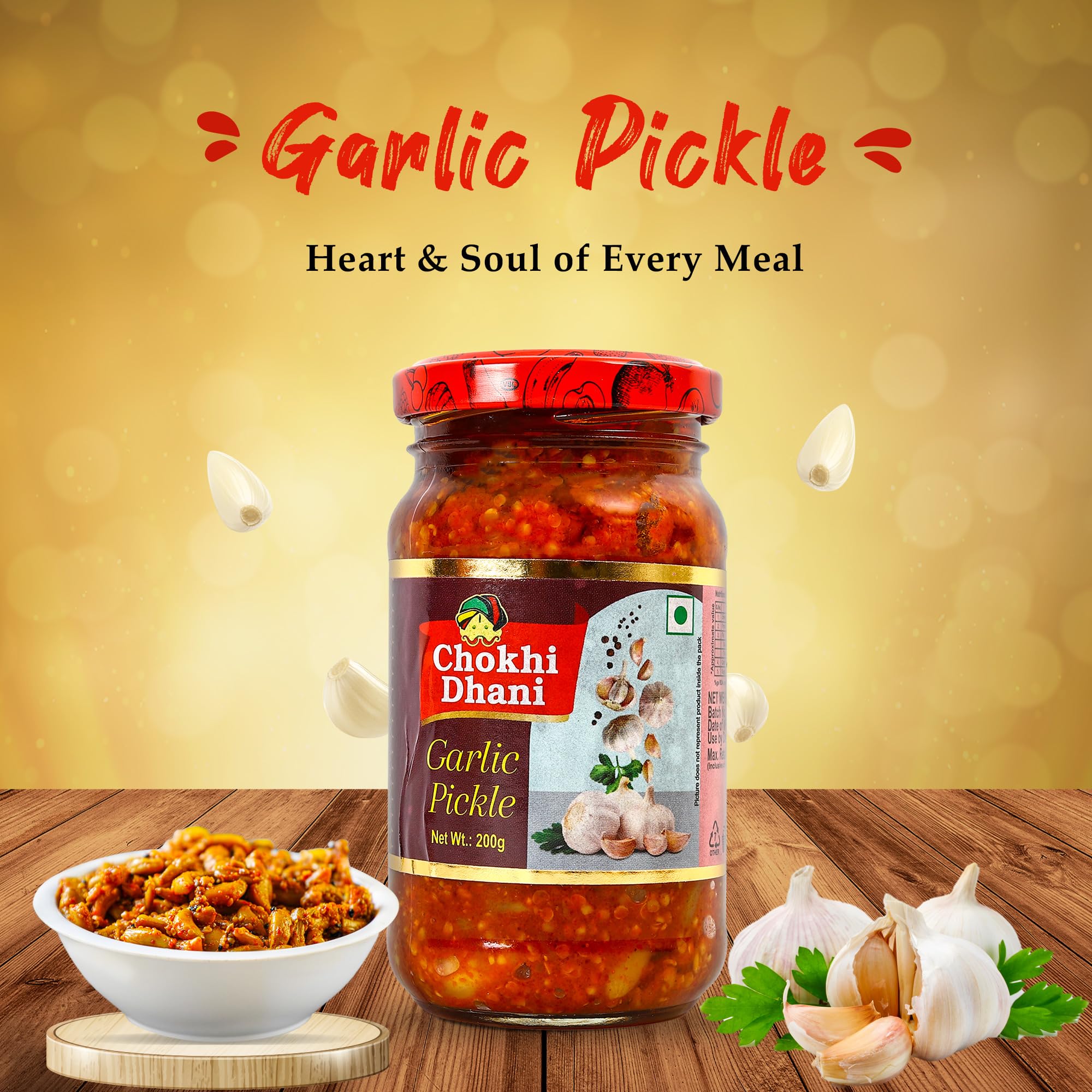 Chokhi Dhani Garlic Pickle, 200g, Indian Lehsun Ka Achar, Mustard Oil Based Pickle - packaging