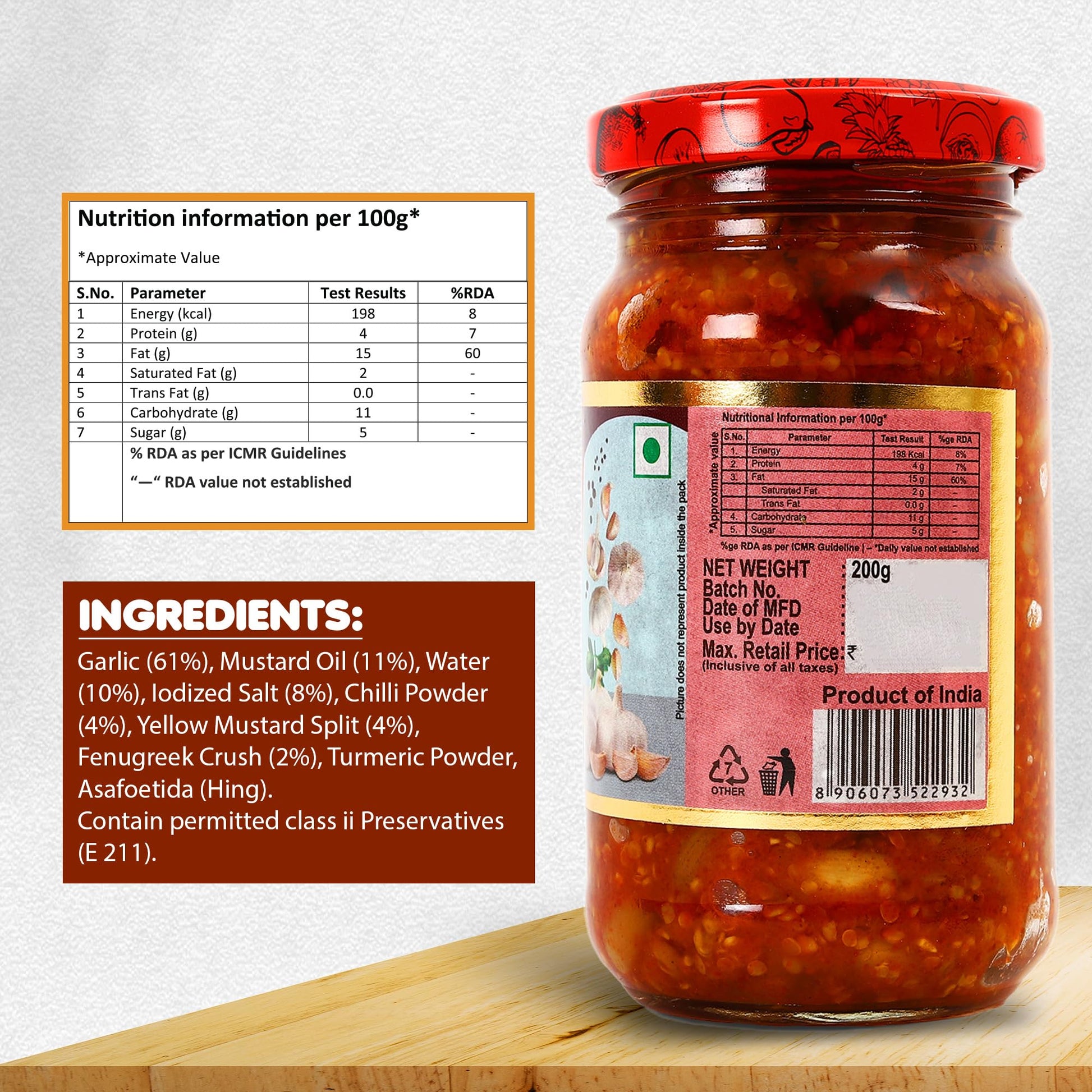 Chokhi Dhani Garlic Pickle, 200g, Indian Lehsun Ka Achar, Mustard Oil Based Pickle - label detail