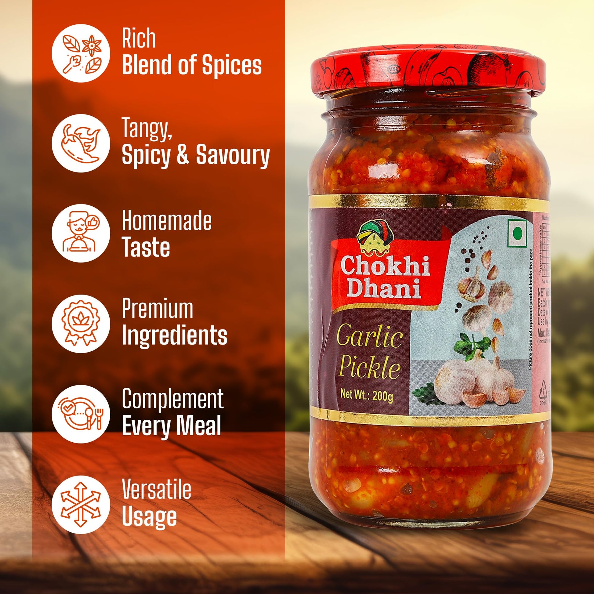 Chokhi Dhani Garlic Pickle 200g, Lahsun Achar, Whole Garlic Cloves, Traditional Indian Pickle - packaging