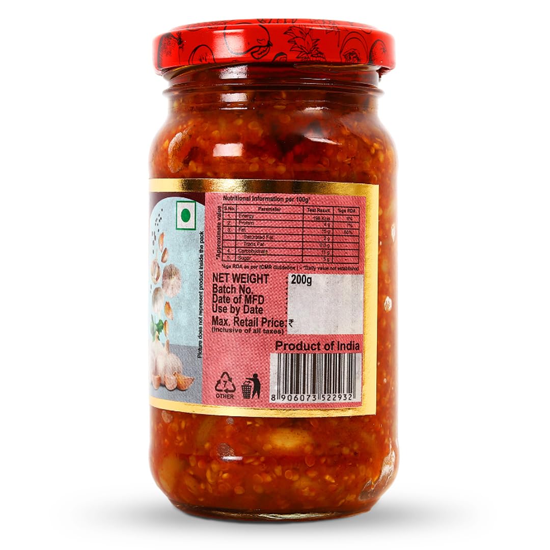 Chokhi Dhani Garlic Pickle 200g, Lahsun Achar, Whole Garlic Cloves, Traditional Indian Pickle - ingredients panel