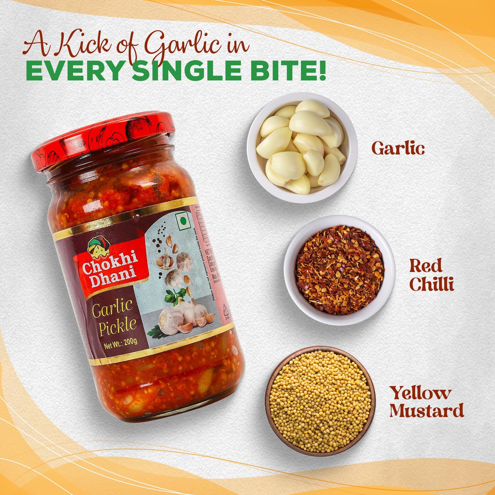 Chokhi Dhani Garlic Pickle, Lahsun Achar, Pack of 2, Traditional Indian Pickle, Vegetarian - front view