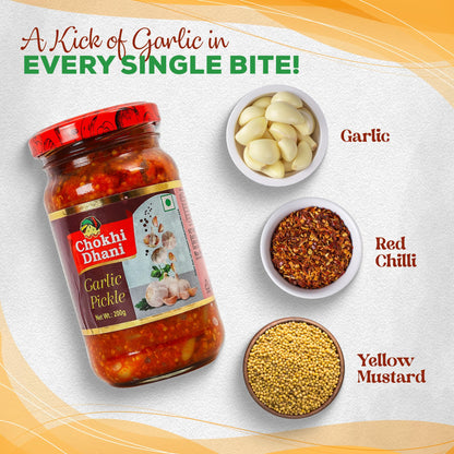 Chokhi Dhani Garlic Pickle, Lahsun Achar, Pack of 2, Traditional Indian Pickle, Vegetarian - front view