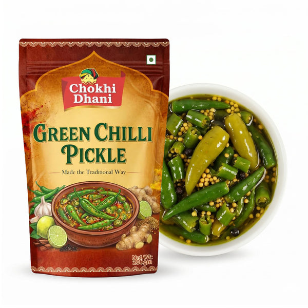 Chokhi Dhani Green Chilli Pickle 200g, Spicy & Tangy Indian Pickle, Homemade Style