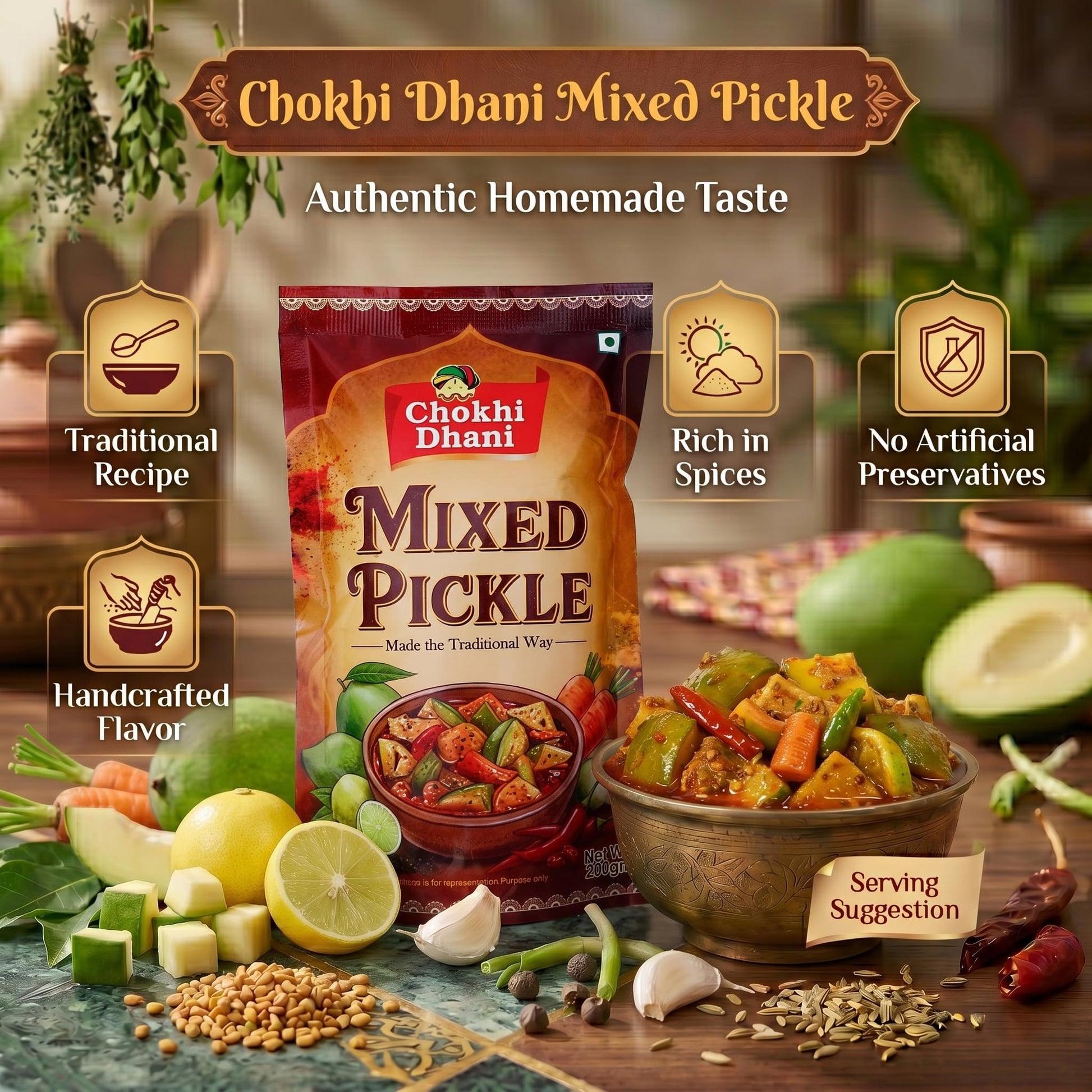 Chokhi Dhani Green Chilli Pickle 200g, Spicy & Tangy Indian Pickle, Homemade Style - packaging (12)