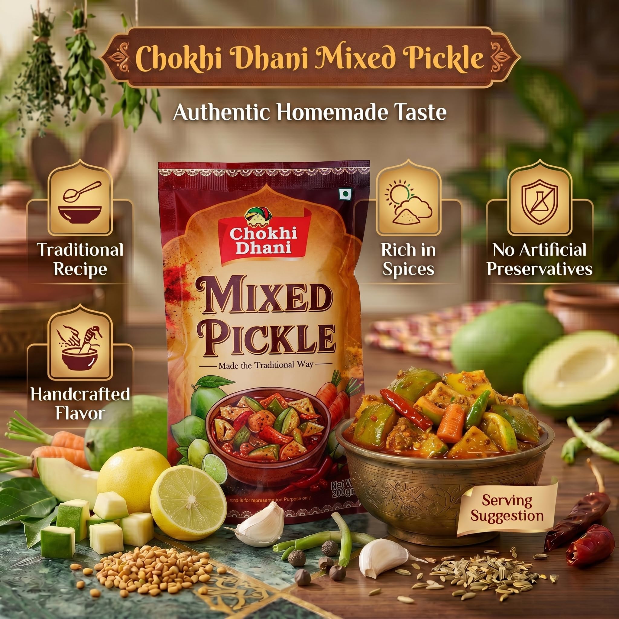Chokhi Dhani Green Chilli Pickle 200g, Spicy & Tangy Indian Pickle, Homemade Style - packaging (12)