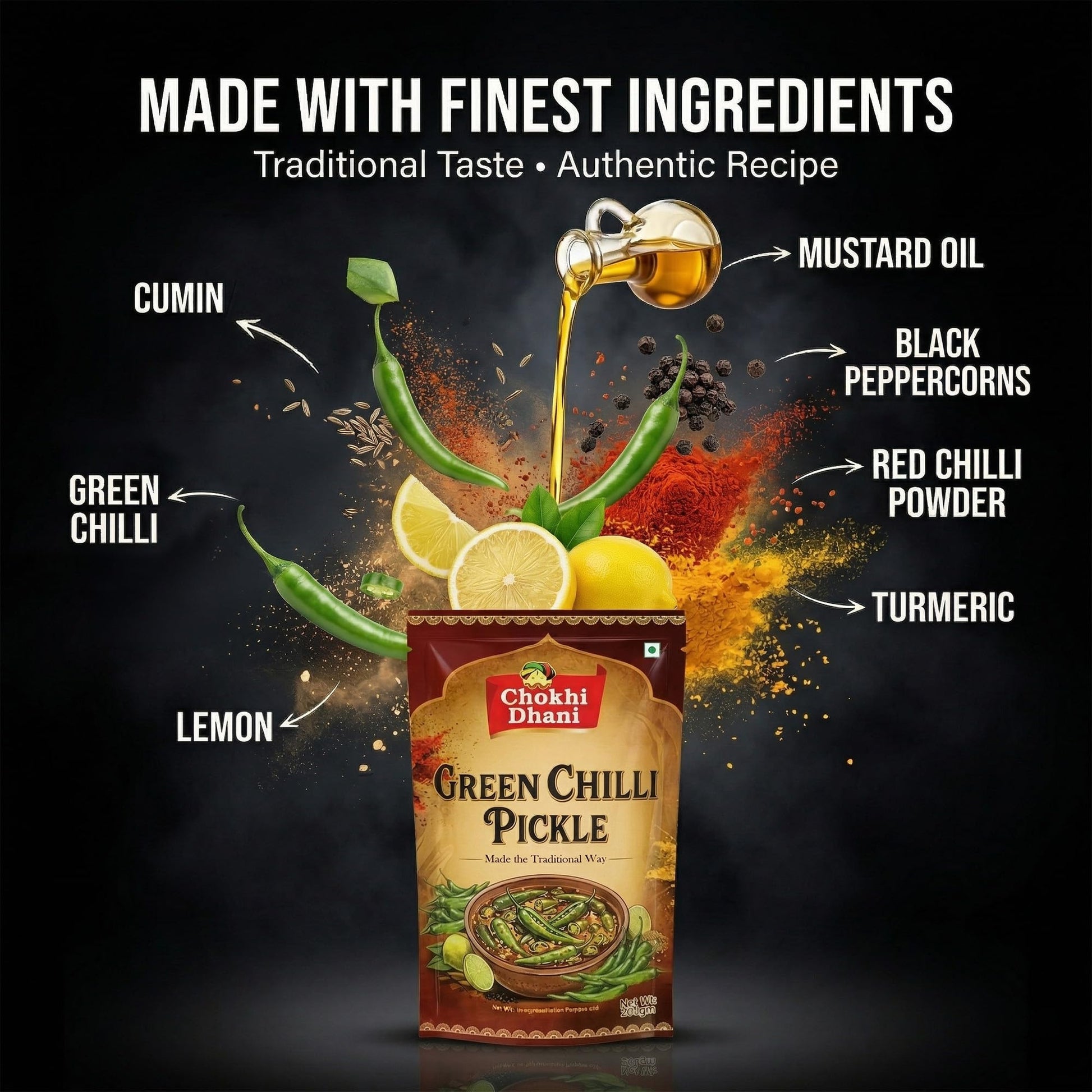 Chokhi Dhani Green Chilli Pickle 200g, Spicy & Tangy Indian Pickle, Homemade Style - front view