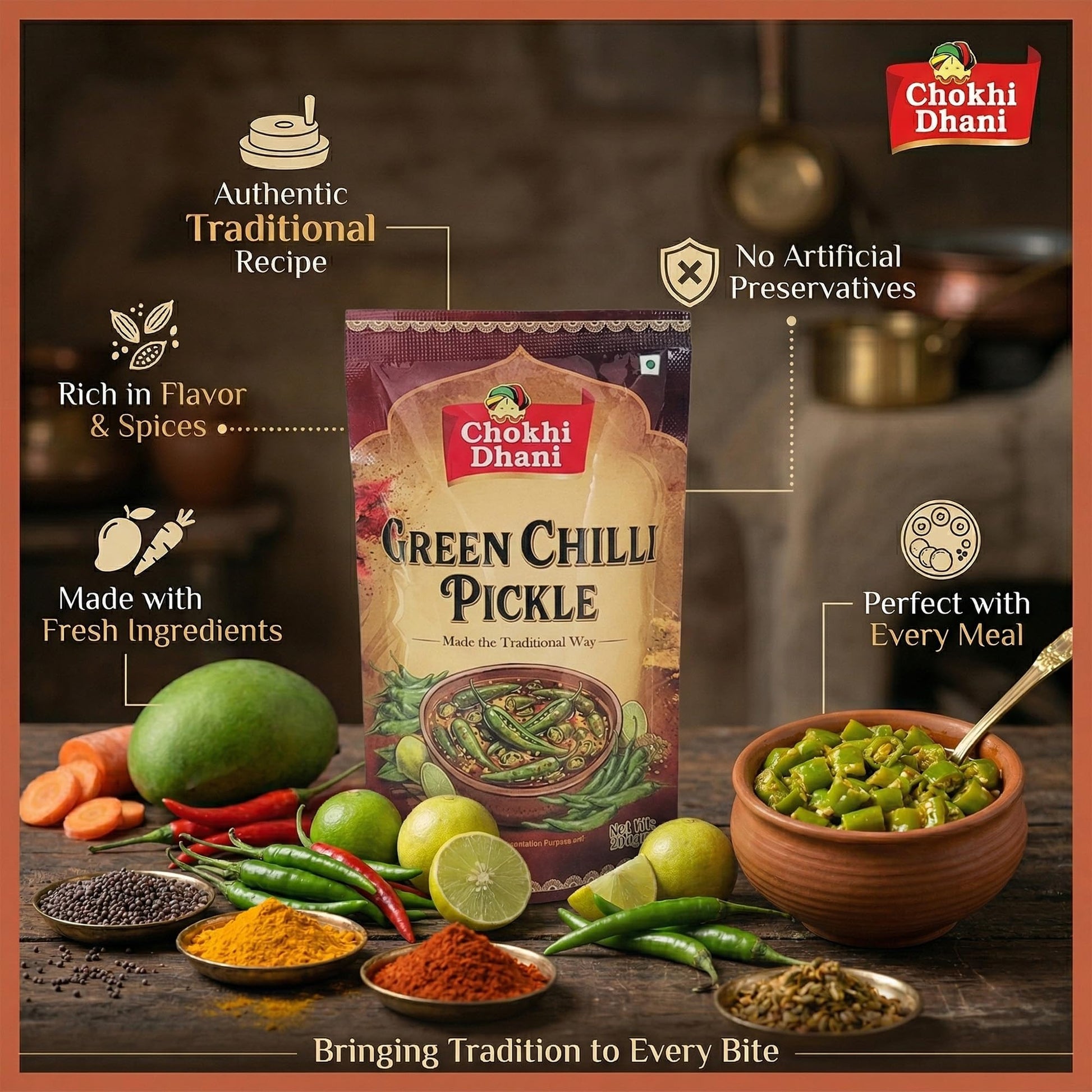 Chokhi Dhani Green Chilli Pickle 200g, Spicy & Tangy Indian Pickle, Homemade Style - label detail