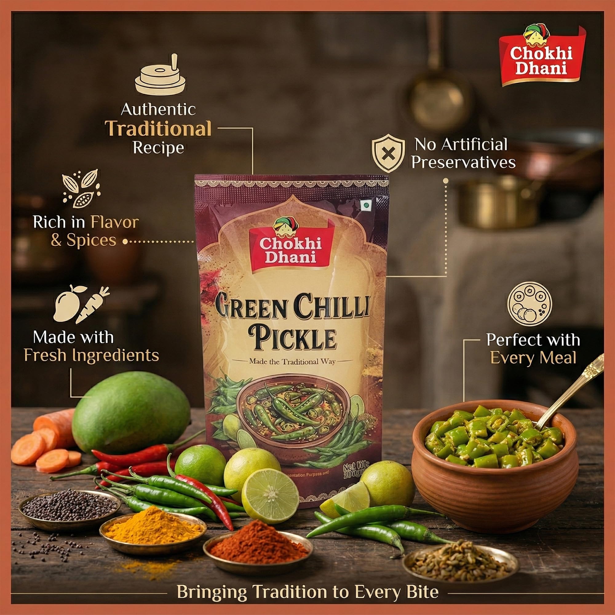 Chokhi Dhani Green Chilli Pickle 200g, Spicy & Tangy Indian Pickle, Homemade Style - label detail