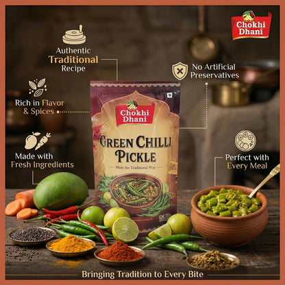 Chokhi Dhani Green Chilli Pickle 200g, Spicy & Tangy Indian Pickle, Homemade Style - label detail