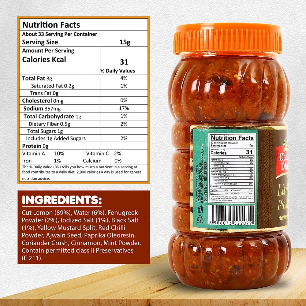 Chokhi Dhani Lime Pickle - Traditional Nimbu Achar, Oil Free, No Onion No Garlic, Spicy Tangy Indian Pickle - label detail