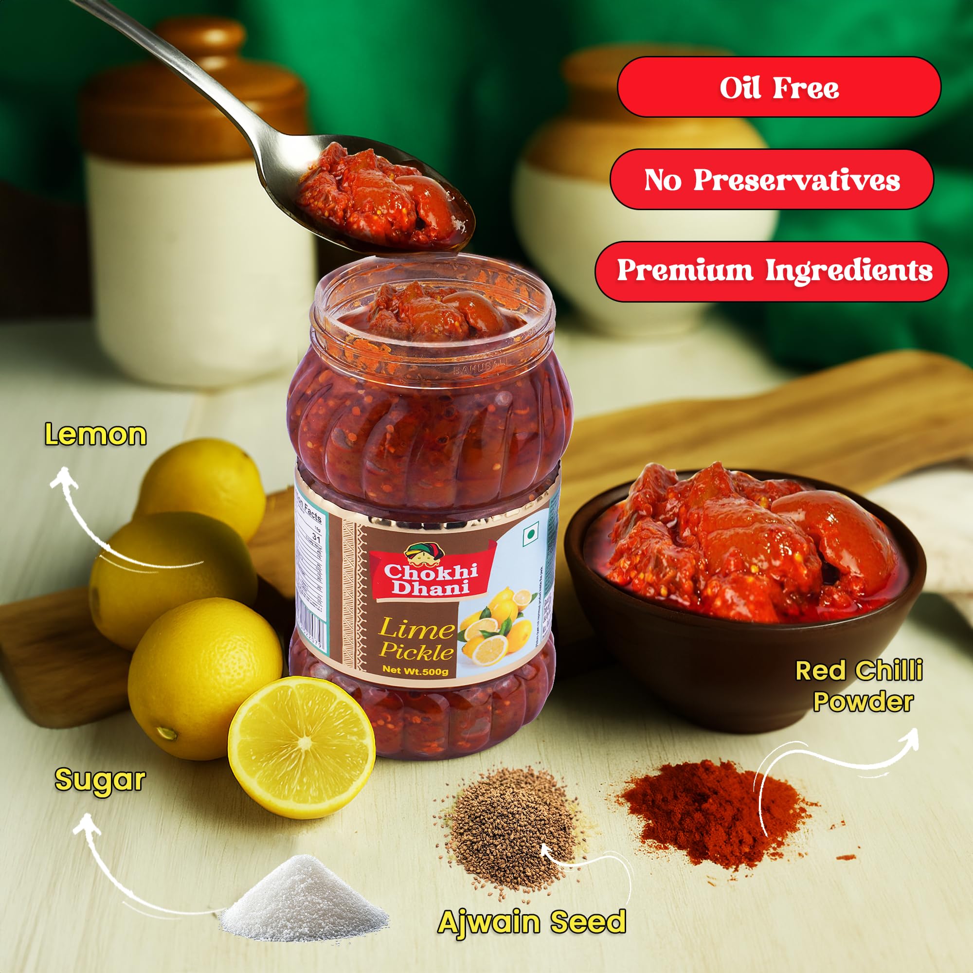 Chokhi Dhani Lime Pickle - Traditional Nimbu Achar, Oil Free, No Onion No Garlic, Spicy Tangy Indian Pickle - back view (8)