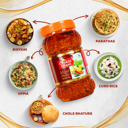 Chokhi Dhani Mixed Pickle, Spicy Tangy Indian Achar, Mango Lime Carrot Chilli - packaging