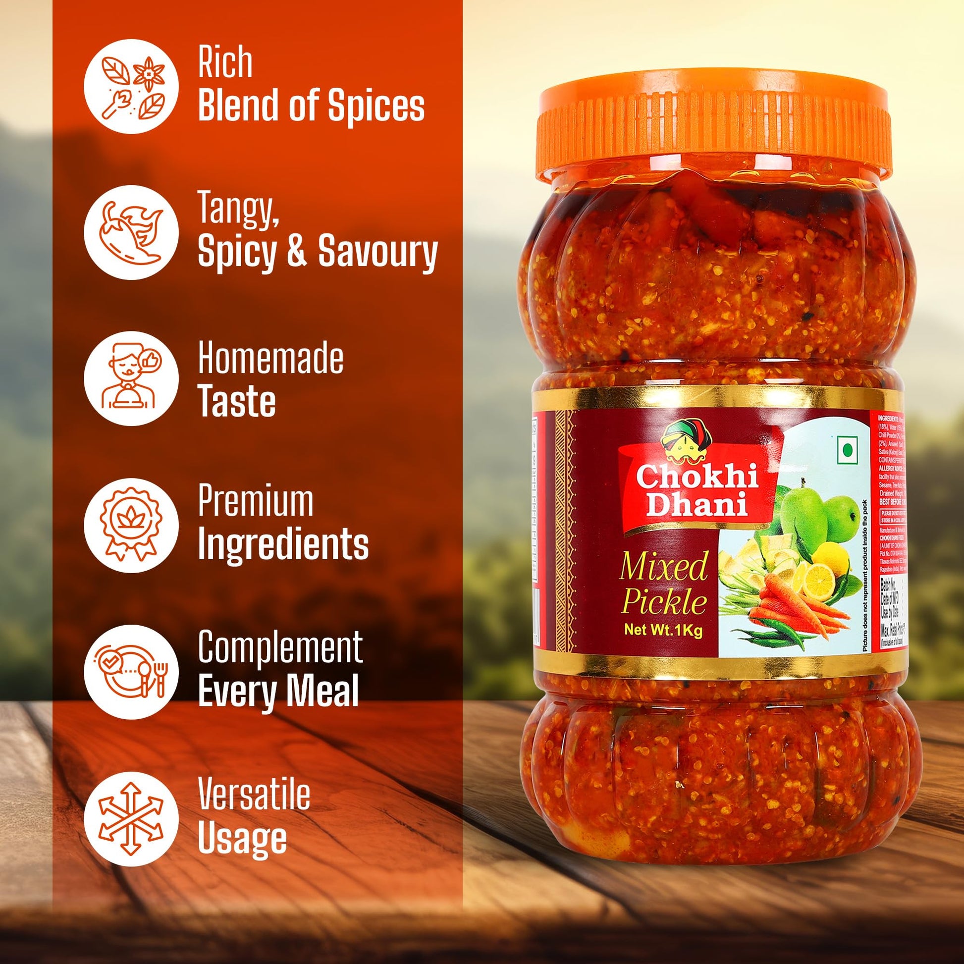 Chokhi Dhani Mixed Pickle, Spicy Tangy Indian Achar, Mango Lime Carrot Chilli - label detail