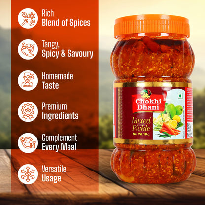 Chokhi Dhani Mixed Pickle, Spicy Tangy Indian Achar, Mango Lime Carrot Chilli - label detail
