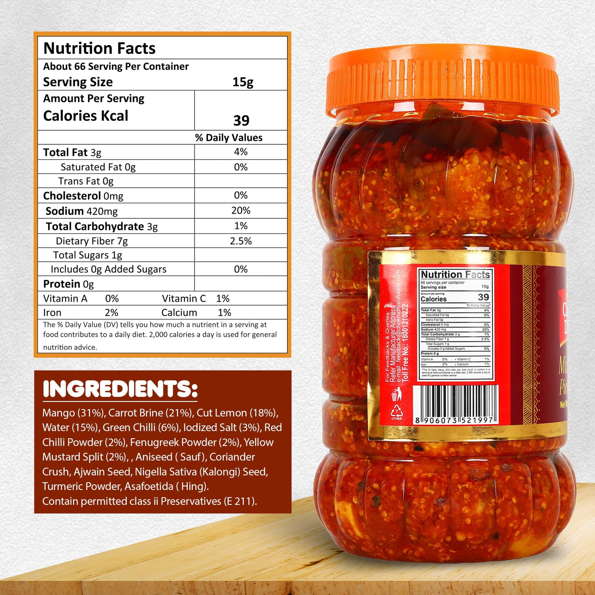 Chokhi Dhani Mixed Pickle, Spicy Tangy Indian Achar, Mango Lime Carrot Chilli - ingredients panel