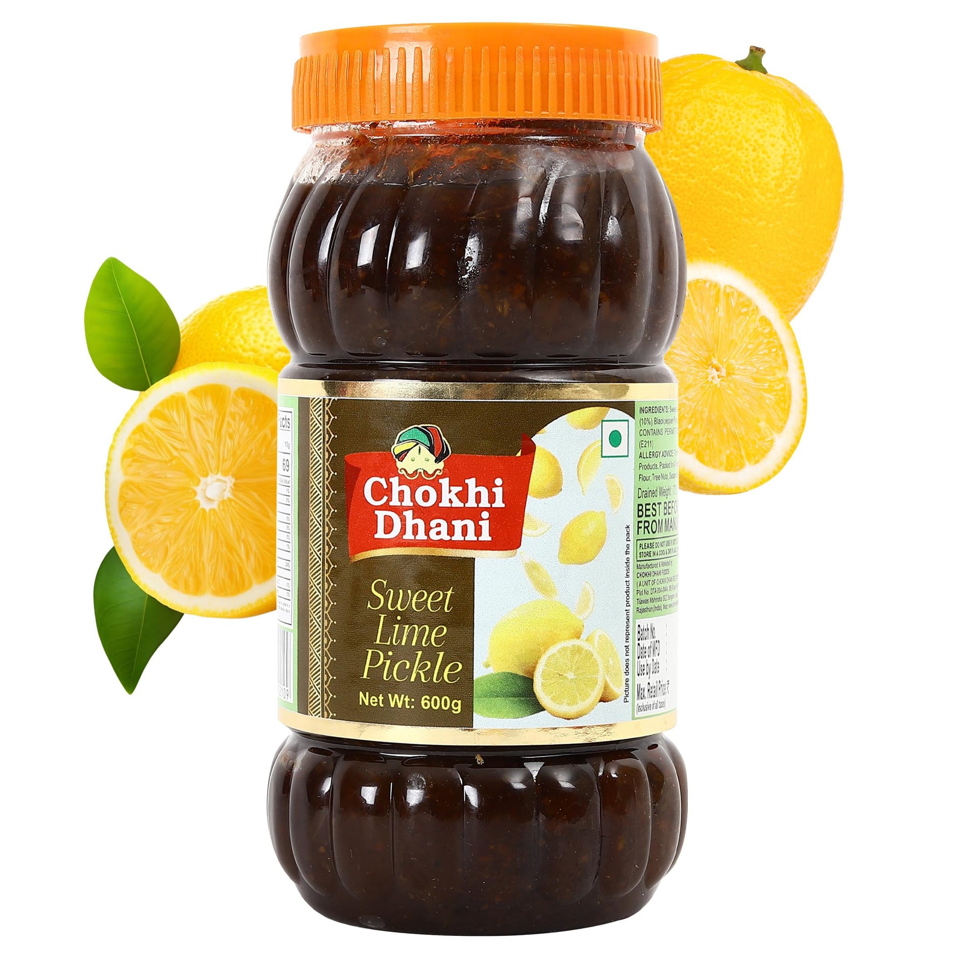 Chokhi Dhani Sweet Lemon Pickle, 600g, Khatta Meetha Nimbu Achar, Traditional Homemade Style, Vegetarian - front view