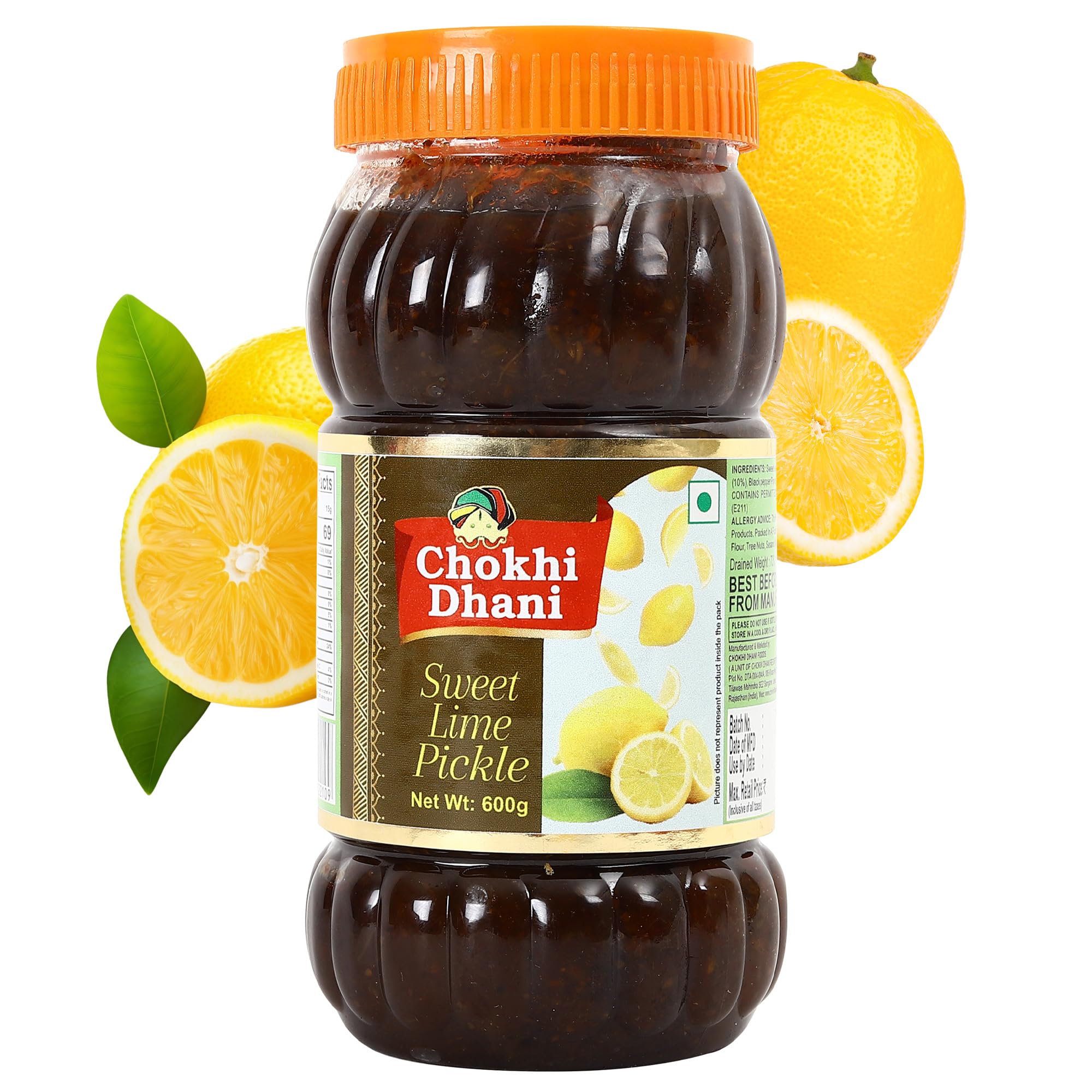Chokhi Dhani Sweet Lemon Pickle, 600g, Khatta Meetha Nimbu Achar, Traditional Homemade Style, Vegetarian - front view