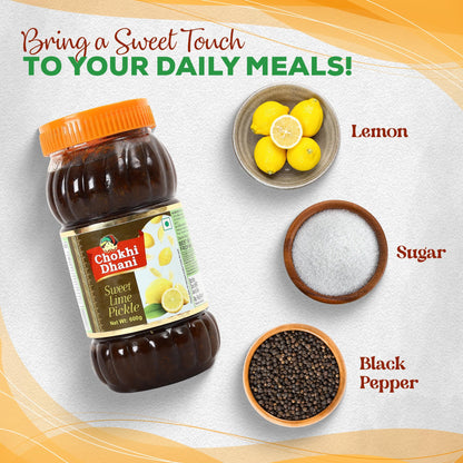 Chokhi Dhani Sweet Lemon Pickle, 600g, Khatta Meetha Nimbu Achar, Traditional Homemade Style, Vegetarian - packaging