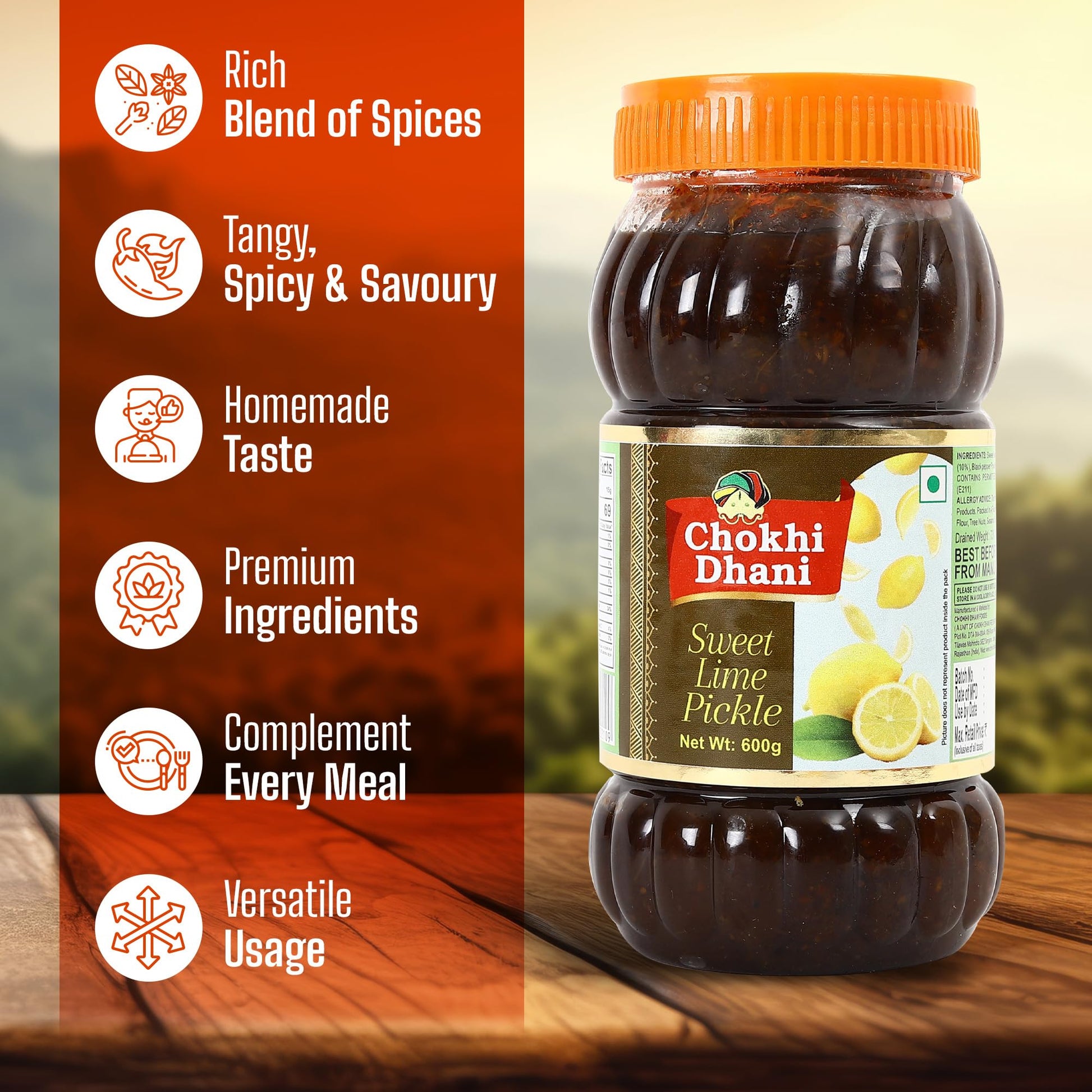 Chokhi Dhani Sweet Lemon Pickle, 600g, Khatta Meetha Nimbu Achar, Traditional Homemade Style, Vegetarian - label detail