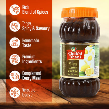 Chokhi Dhani Sweet Lemon Pickle, 600g, Khatta Meetha Nimbu Achar, Traditional Homemade Style, Vegetarian - label detail