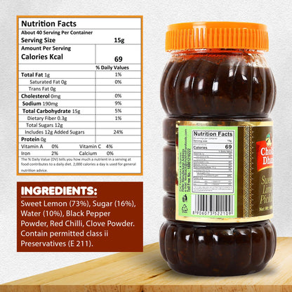 Chokhi Dhani Sweet Lemon Pickle, 600g, Khatta Meetha Nimbu Achar, Traditional Homemade Style, Vegetarian - ingredients panel