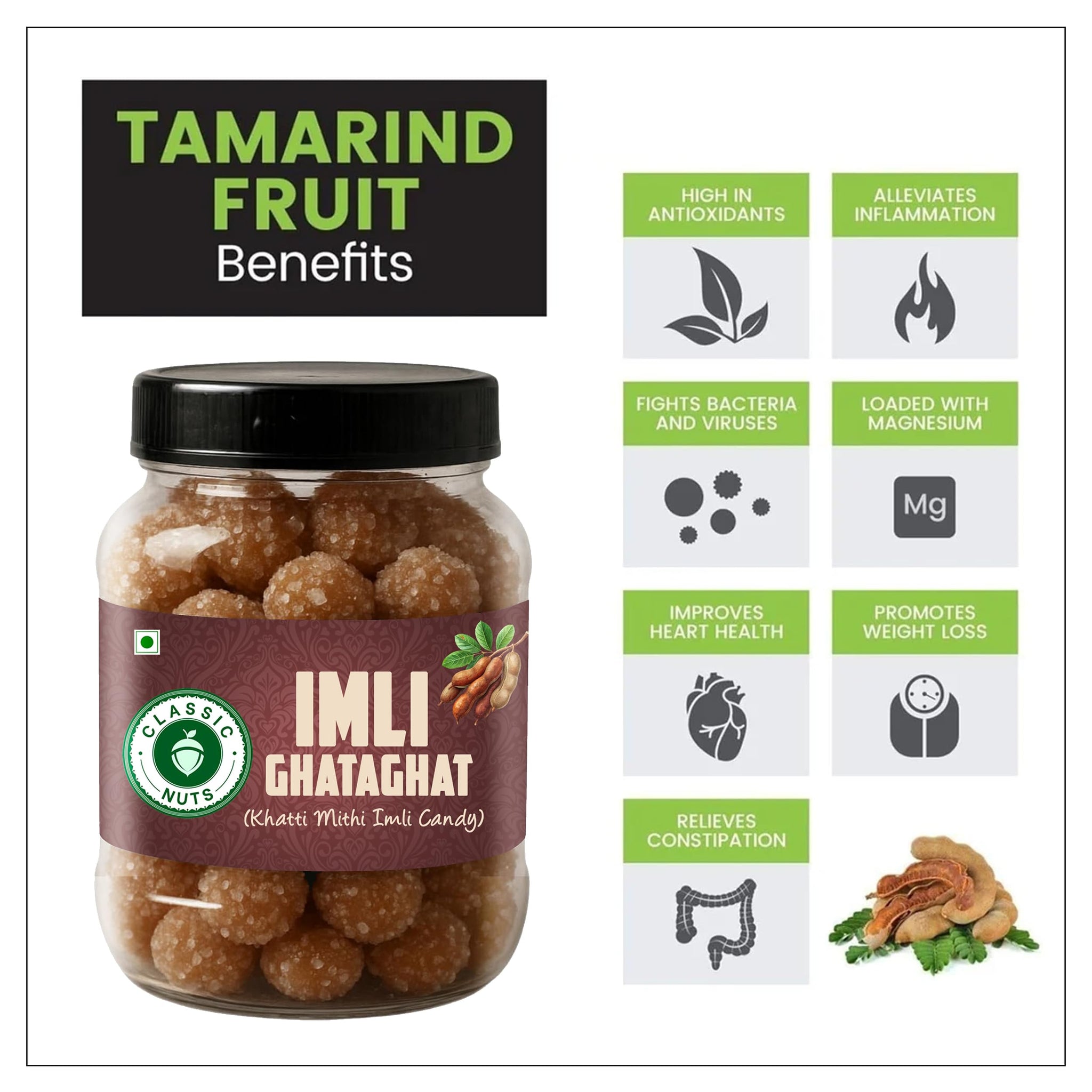 Classic Nuts Imali Ghataghat Tamarind Candy, 500g (2x250g), Chewy Chatpata Indian, Hard Candies - front view