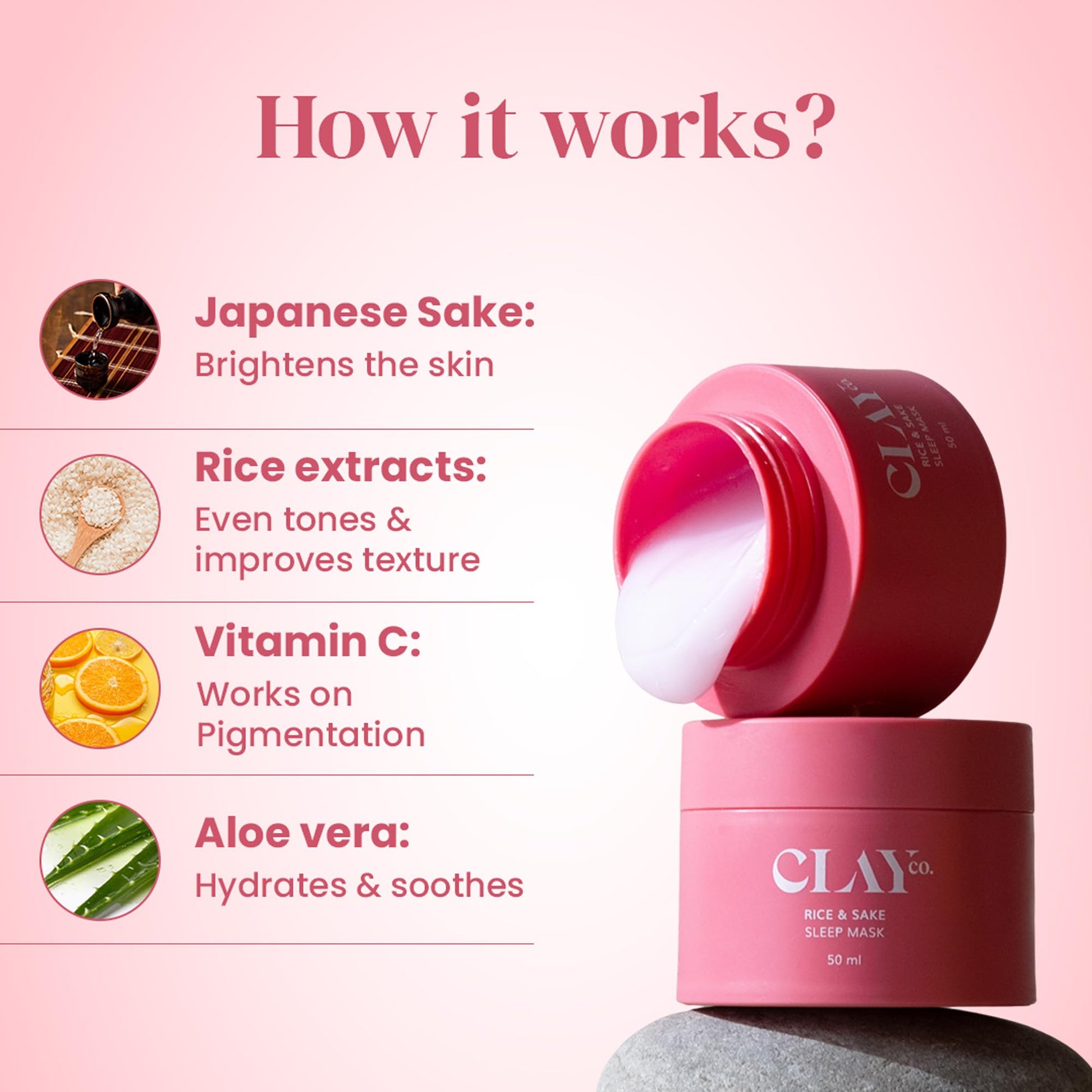 Clayco Hydrating Rice & Sake Sleep Mask | Clay Face Mask for Glowing Skin | Japanese Skincare Collagen Mask | Sulfate-Free Ve