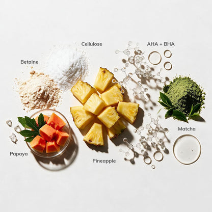 CLAYCO Matcha Enzyme Scrub with AHA & BHA, Unisex, Paraben-Free, Vegan, Cruelty-Free, Facial Scrub - label detail
