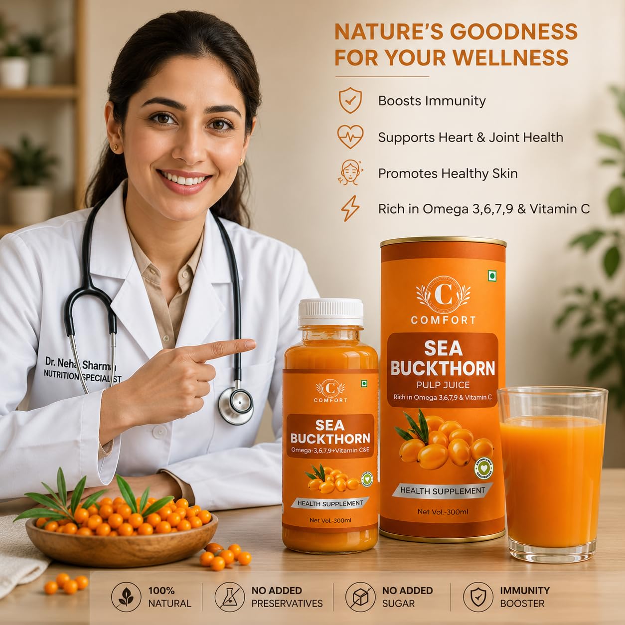 COMFORT Sea Buckthorn Himalayan Pulp,300 ML (PACK OF 1) Concentrate 50 Glasses Made for Your Total Body Care & Wellness Rich 