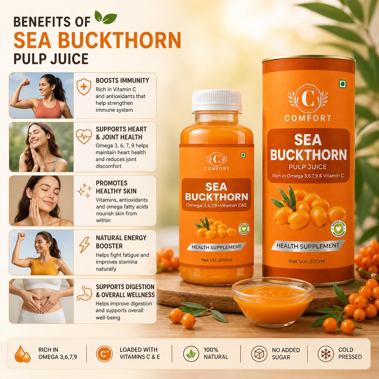 COMFORT Sea Buckthorn Himalayan Pulp,300 ML (PACK OF 1) Concentrate 50 Glasses Made for Your Total Body Care & Wellness Rich 